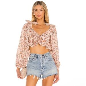Tularosa Bristol Tie Front Peasant Crop Top Ivory Rose Bloom/Dried Rose Floral